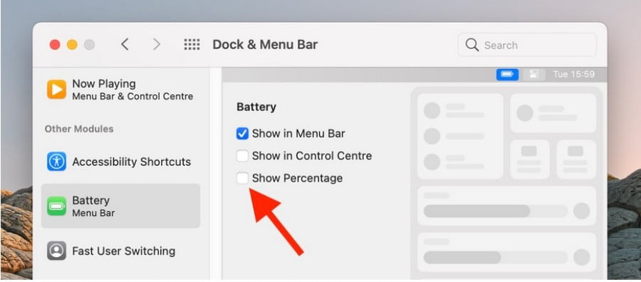 Affichage du pourcentage de batterie dans la barre de menus