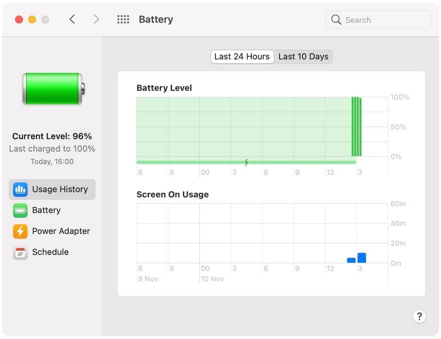 Historique d'utilisation de la batterie