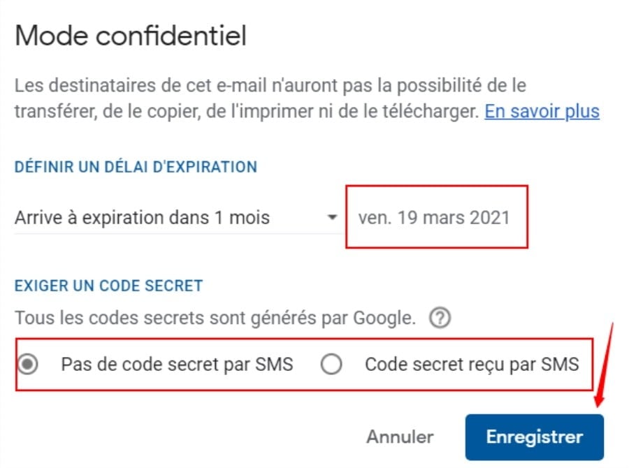 Enregistrez la configuration du mode confidentiel